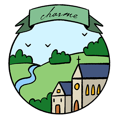 illustration d'un village avec une église et au loin une rivière et la forêt