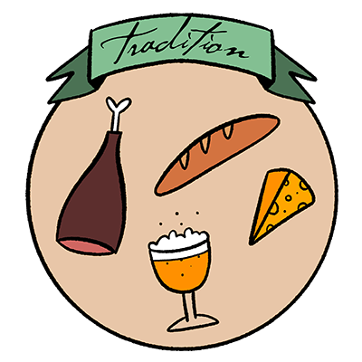 illustration de produits du terroir : pain, jambon d'Ardenne, bière, fromage